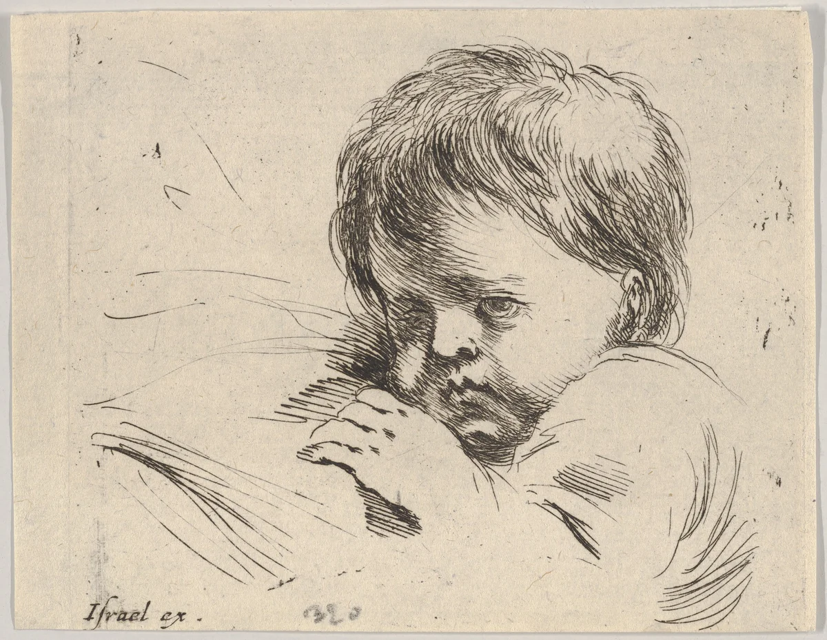 Plate 13: Bust of a child with his left hand near to his chin, turned towards the left, from "Various heads and figures" (Diverses têtes et figures) by Stefano della Bella, print, 1650