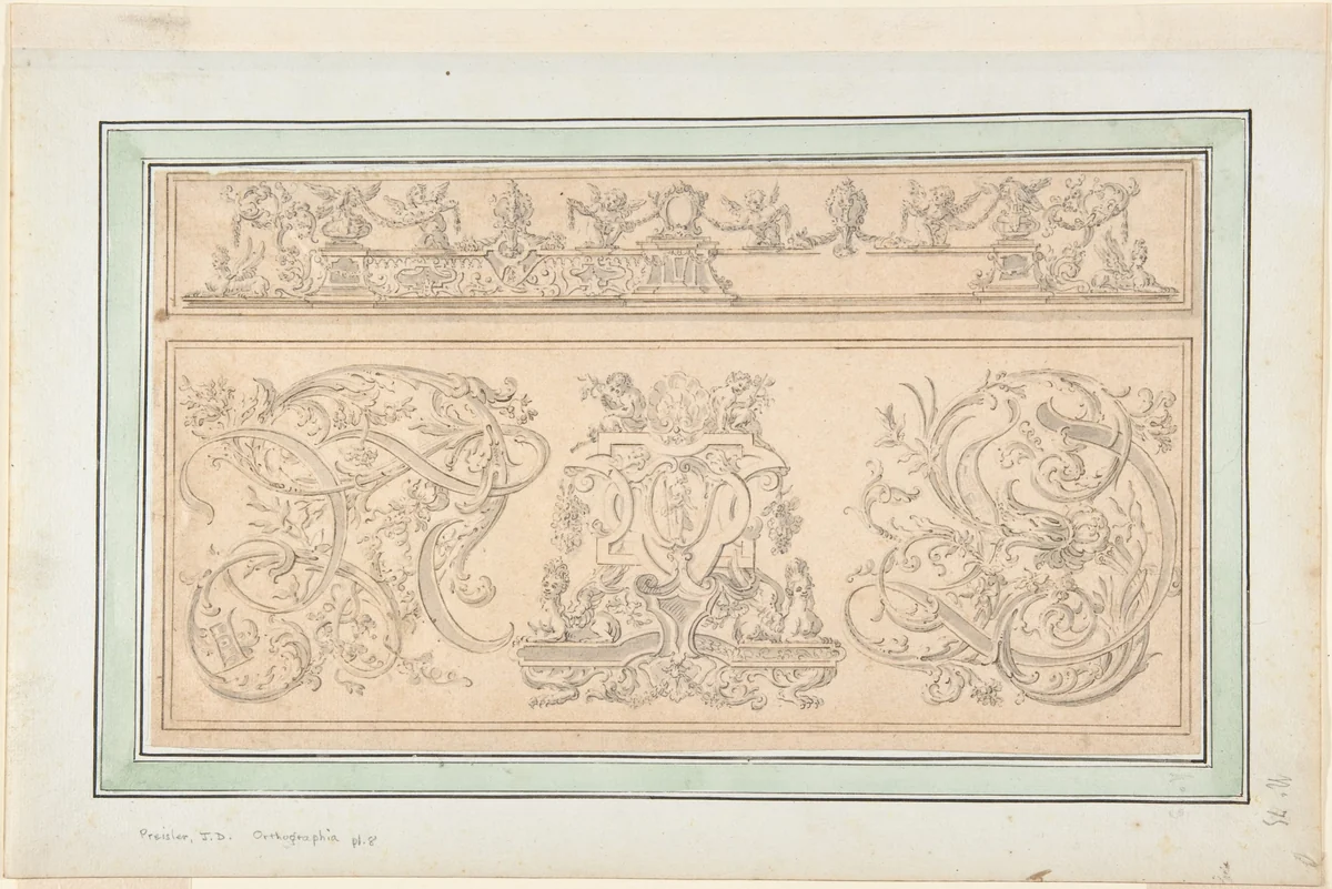 Design for plate 8, from "Orthographia" by Johann Daniel Preissler, drawing, 1680-1737