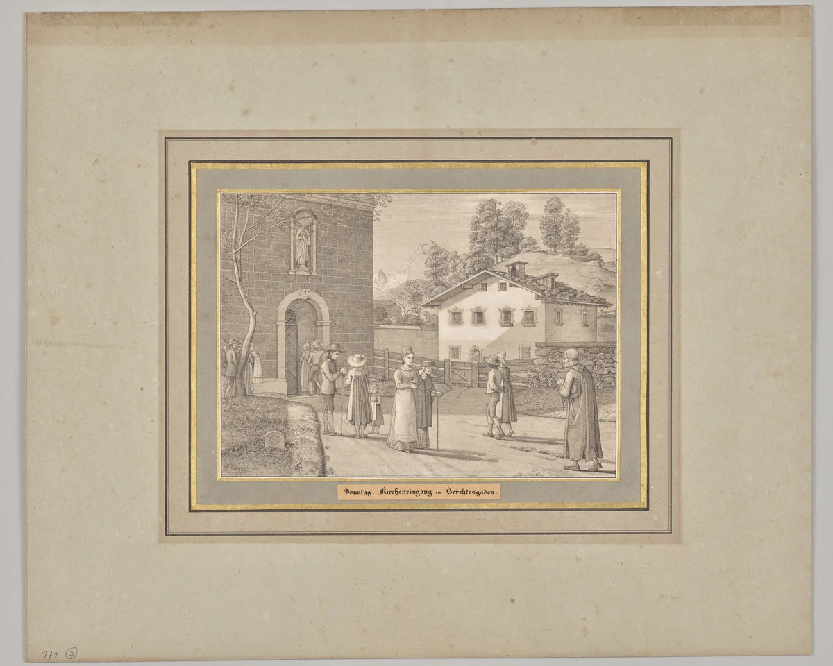 Sunday. Church entrance in Berchtesgaden by Ferdinand Olivier, print, 1818-1823