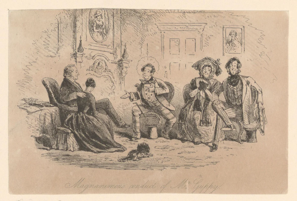 William Guppy vraagt John Jarndyce om de hand van Esther Summerson by Hablot Knight Browne, print, 1853