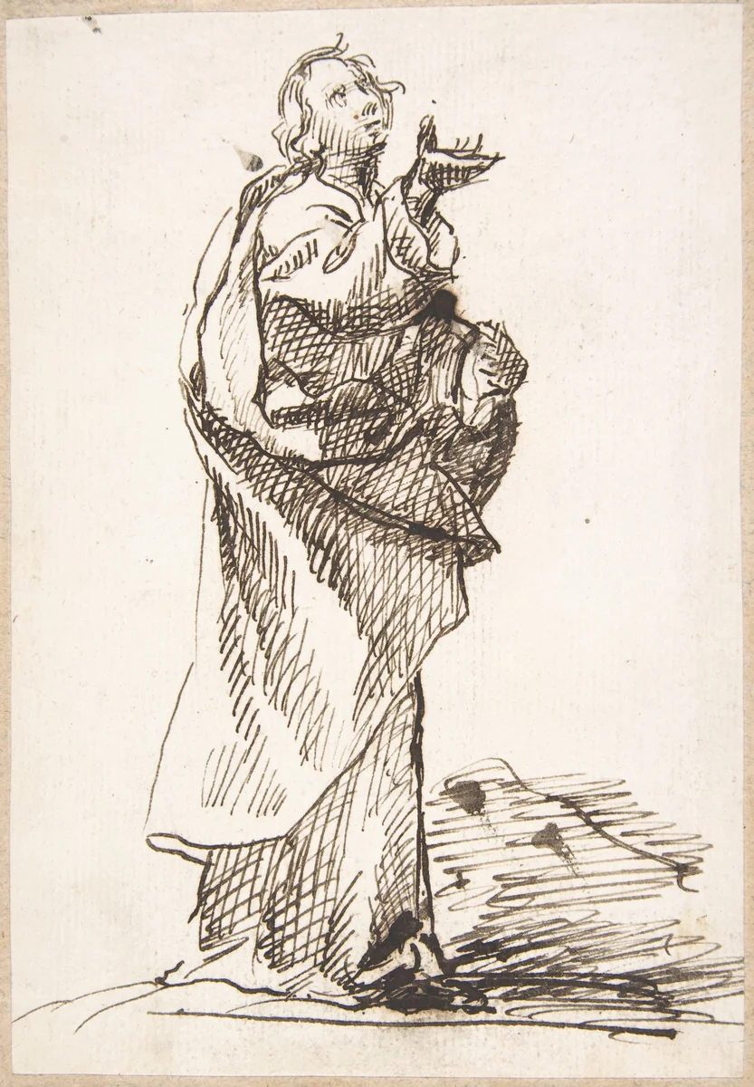 Standing Saint (apostle?) by Pedro Duque Cornejo, drawing, 1695-1755