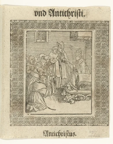 Paus zegent monniken en nonnen by Lucas Cranach, print, 1521-1522