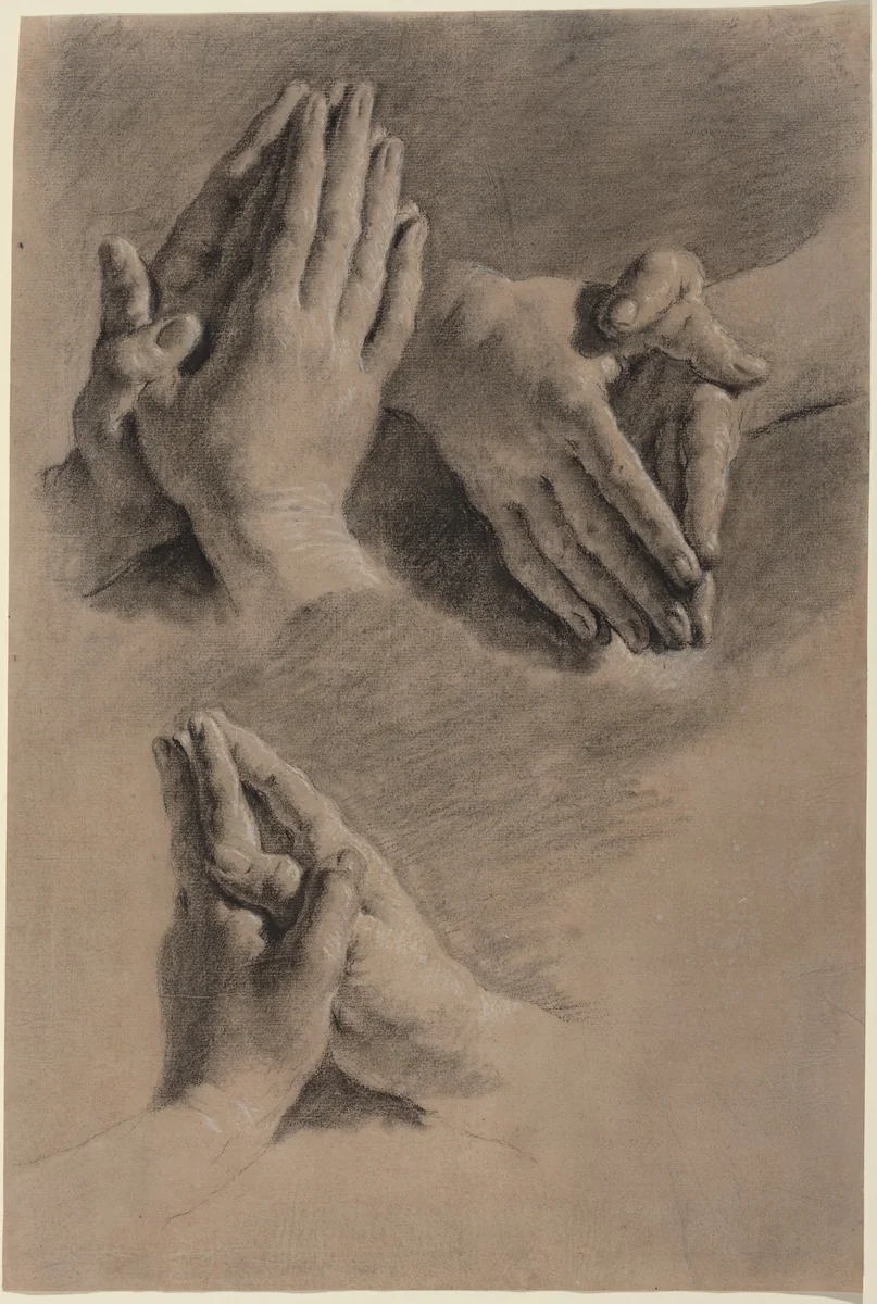 Three Studies of Hands Clasped in Prayer by Jacopo Guarana, drawing, 1720-1808