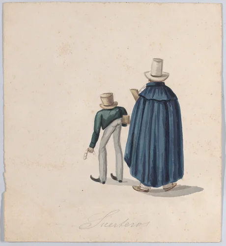 Two fortune tellers (?) wearing top hats viewed from behind, from a group of drawings depicting Peruvian dress by Francisco Fierro, drawing, 1843-1853