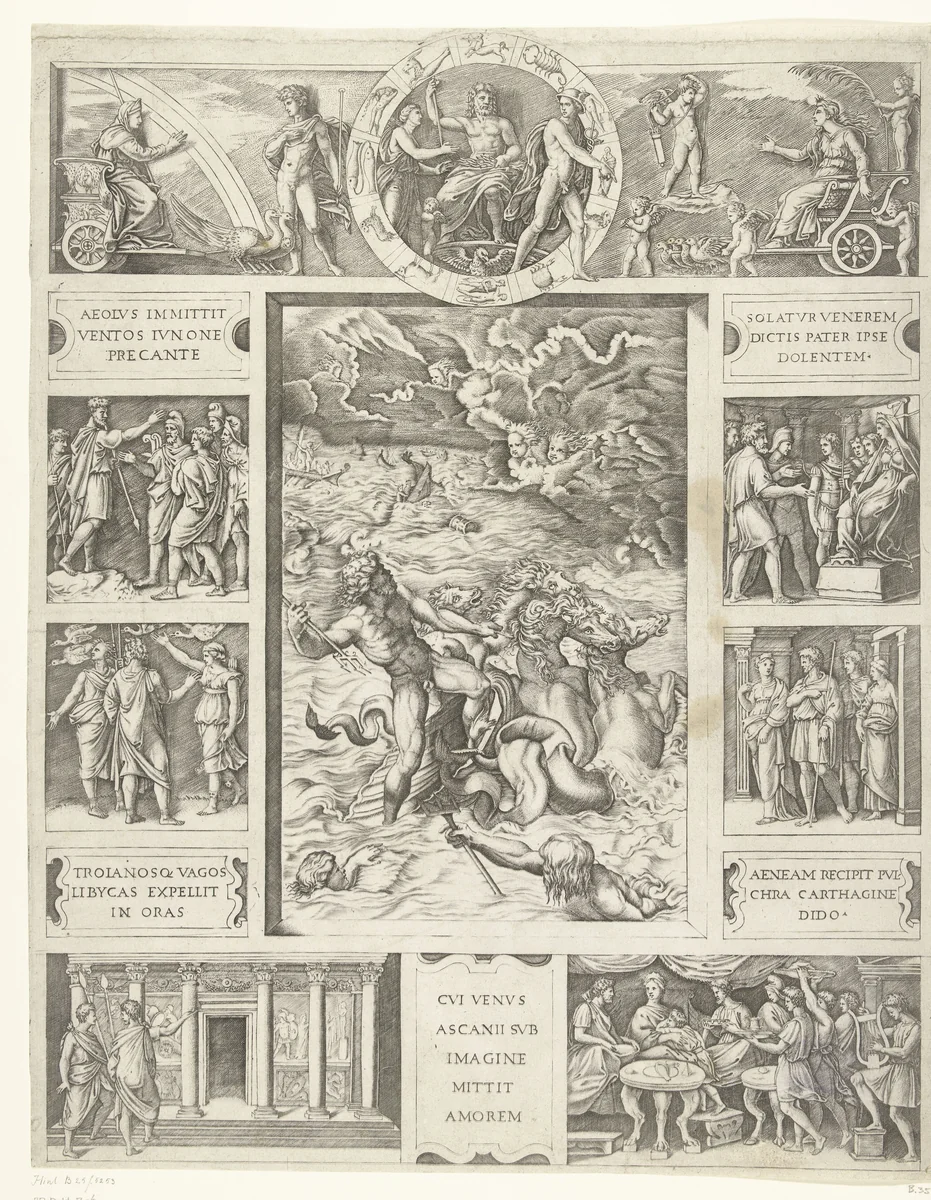 Jupiter bedaart de storm op zee in rechthoekige omlijsting met negen scènes uit epos Aeneis by Marcantonio Raimondi, print, 1515-1516