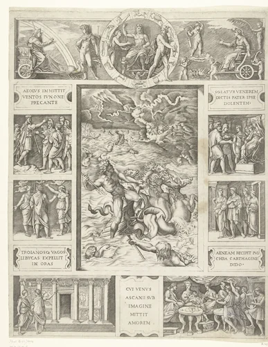Jupiter bedaart de storm op zee in rechthoekige omlijsting met negen scènes uit epos Aeneis by Marcantonio Raimondi, print, 1515-1516