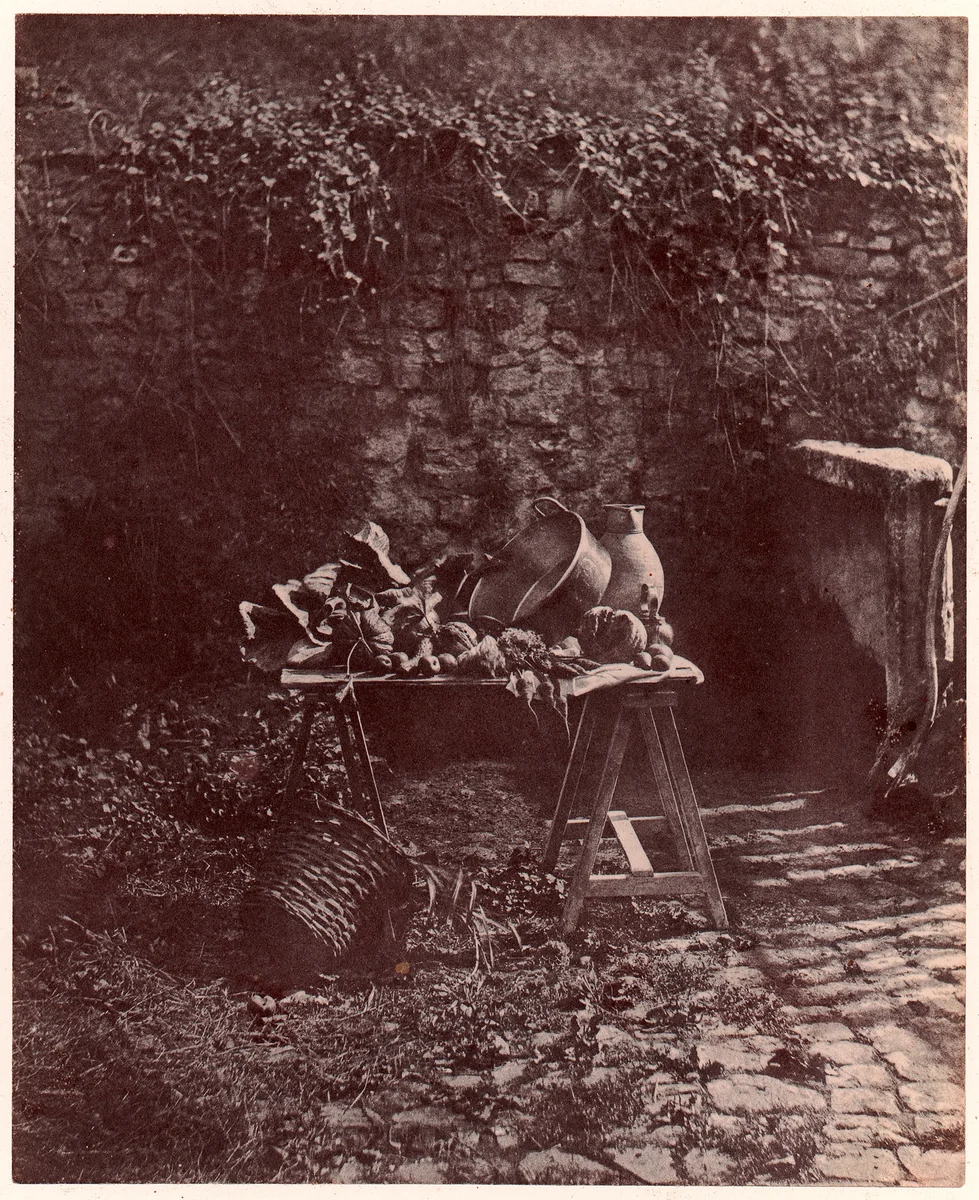 Nature morte: chaudron, cruche, et légumes, sur une table à trétaux by Henri-Victor Regnault, photograph, 1850-1853