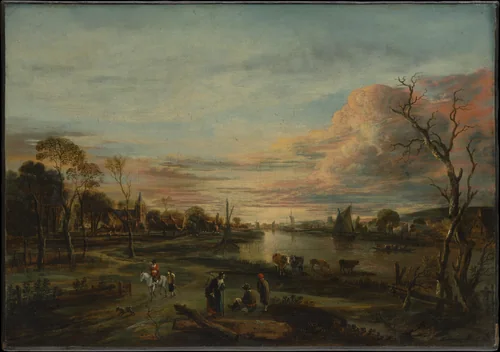 Landscape at Sunset by Aert van der Neer, painting, 1650-1659