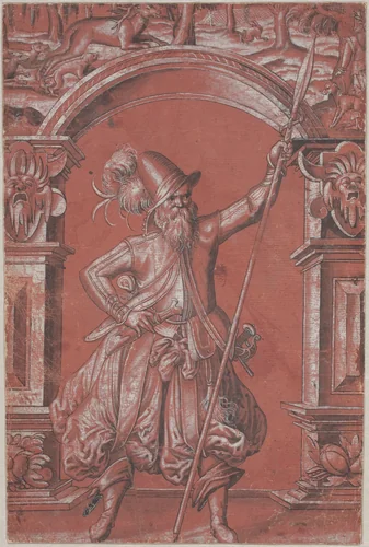 A Swiss Guard before an Ornamental Arch (recto) by Abraham Bickhart, drawing, 1568