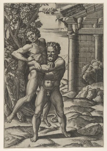 Hercules holding Antaeus by the waist and lifting him off his feet by Marcantonio Raimondi, print, 1515-1525