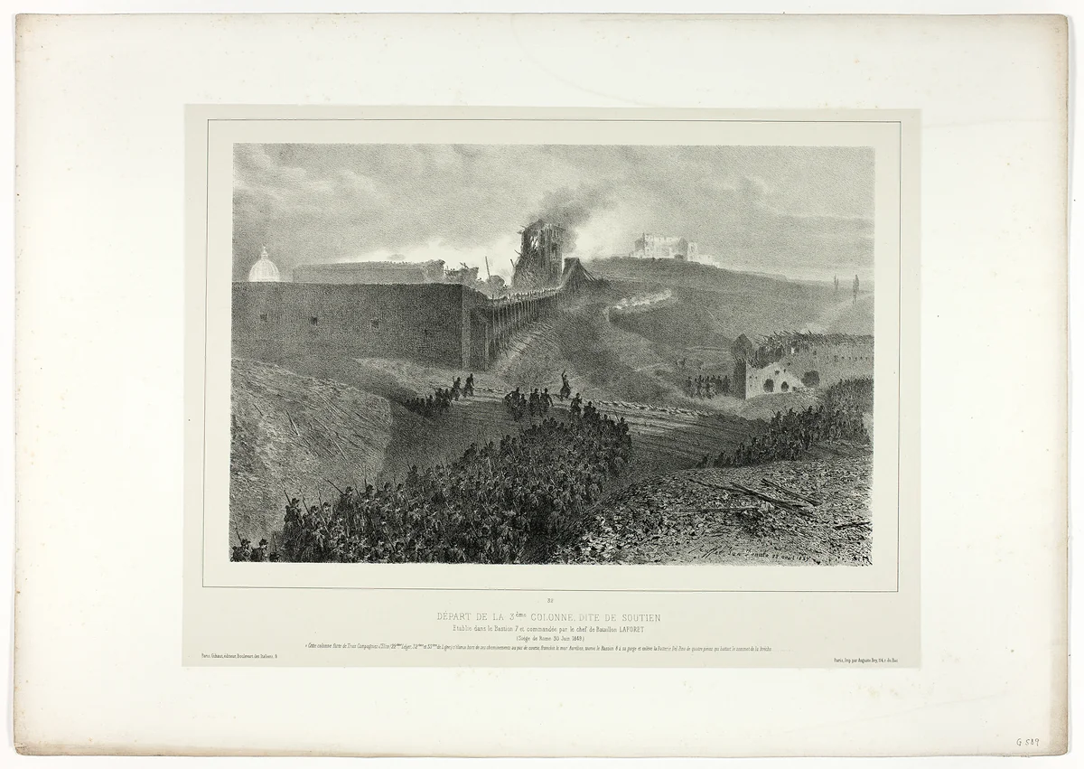 Departure of the third column, called the support, from Souvenirs d’Italie: Expédition de Rome by Denis Auguste Marie Raffet, print, 1859