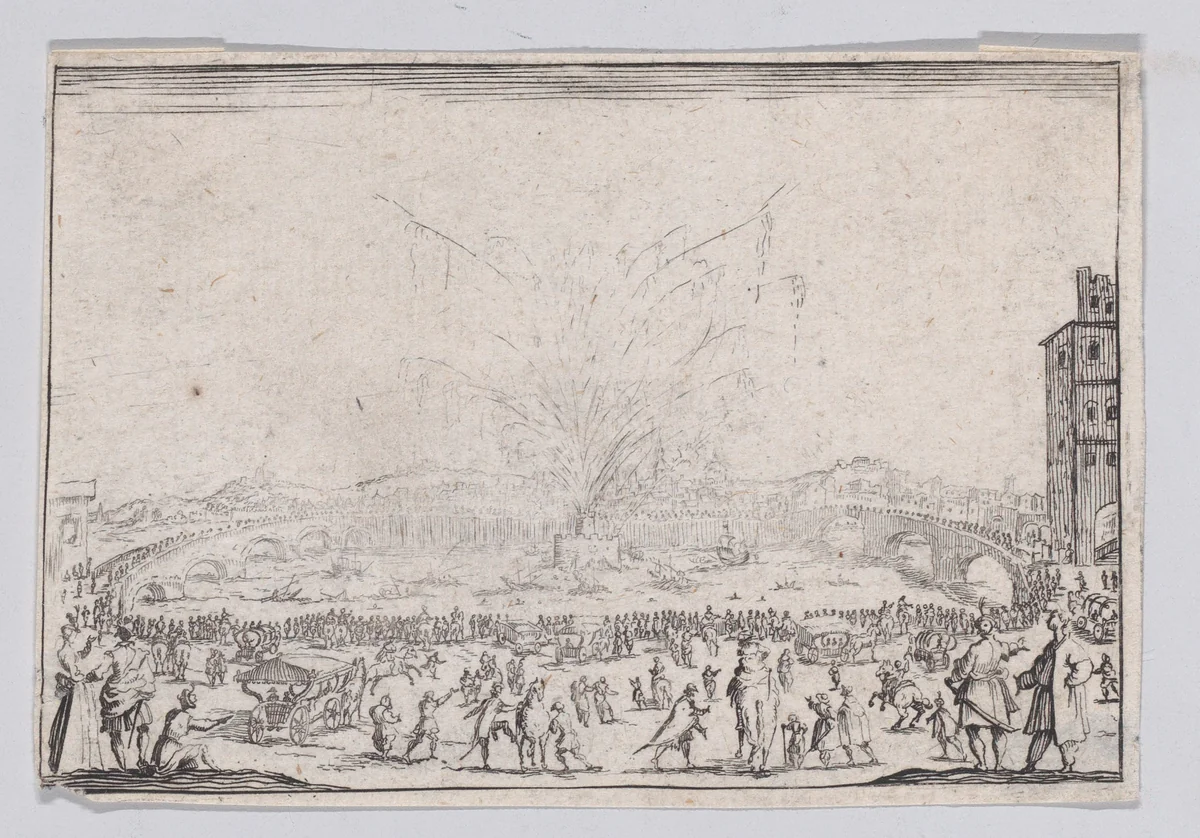 Reverse Copy of Le Feu d'Artifice sur l'Arno (Fireworks on the Arno), from "Les Caprices" by anonymous, print, 1620-1700