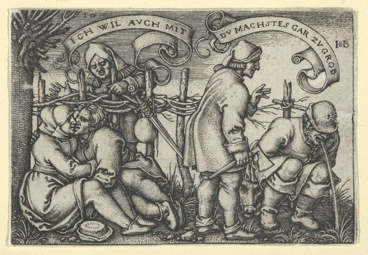 Peasants Behind the Hedge from "The Peasants' Feast" or "The Twelve Months" by Sebald Beham, print, 1546-1547
