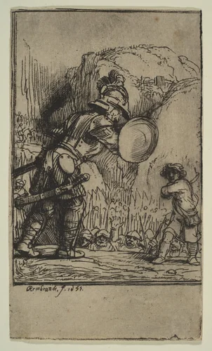 David and Goliath by Rembrandt van Rijn, print, 1655