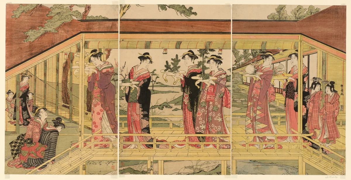 A procession of women holding shimadai decorations by Utagawa Toyokuni I (初代 歌川 豊国), print, 1784-1806