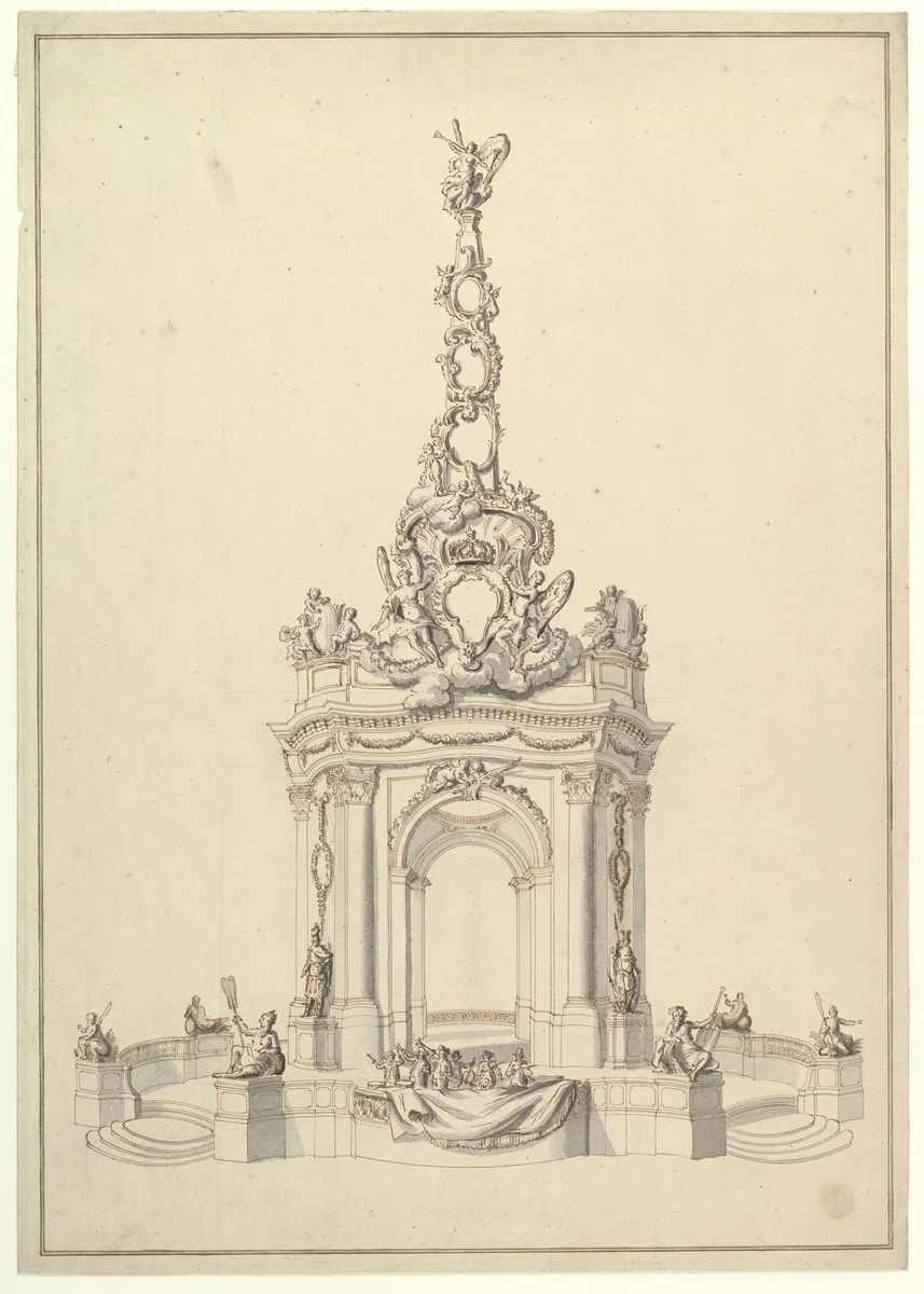 Design for a Festival Monument: Base Holds a Small Orchestra; Triumphal Arch Surmounted by a Cartouche-Decorated Pyramid with Figure of Fame, below, a Royal Crown by anonymous, drawing, 1700-1799