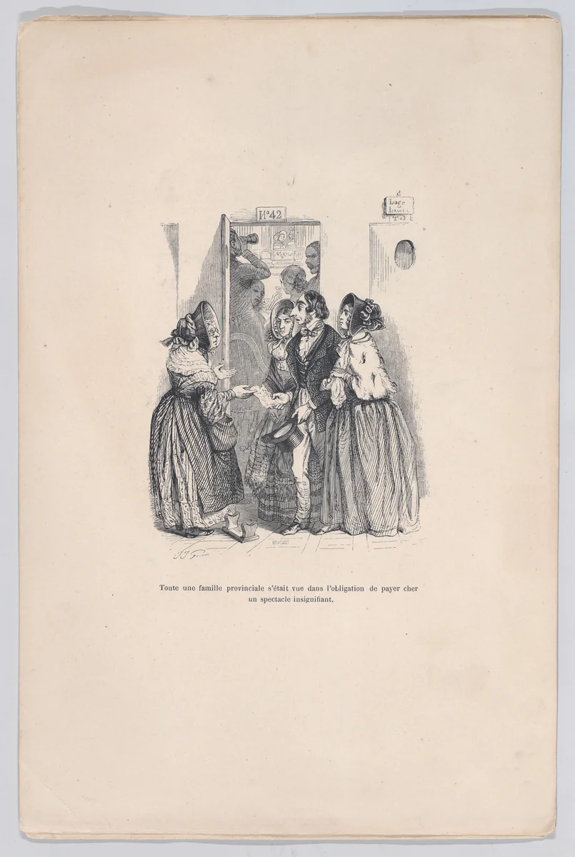 A provincial family was forced to pay a high price for an insignificant show, from "Little Miseries of Human Life" by J. J. Grandville, print, 1843