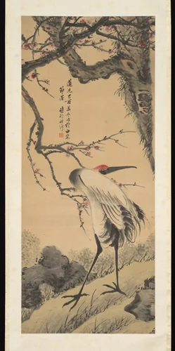 Crane under Prunus by Xiang He, painting, 1849