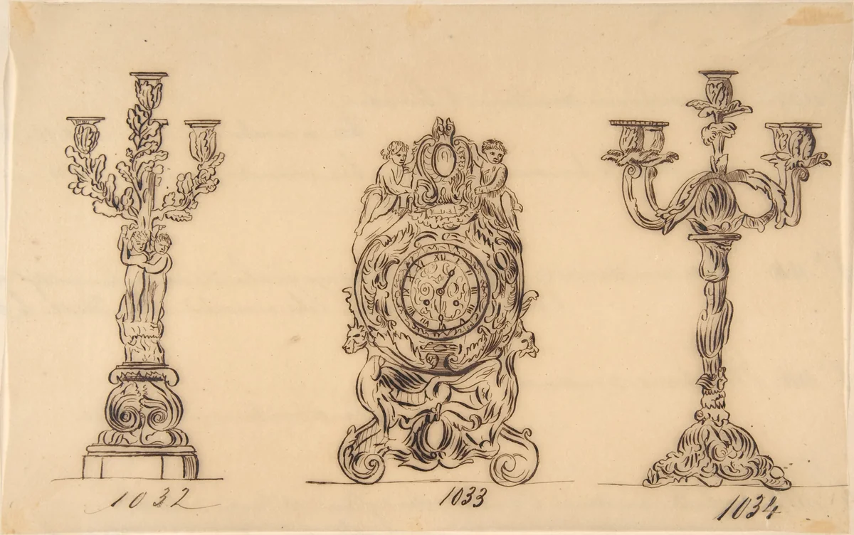 Designs for a Clock and Two Candelabras by anonymous, drawing, 1800-1900