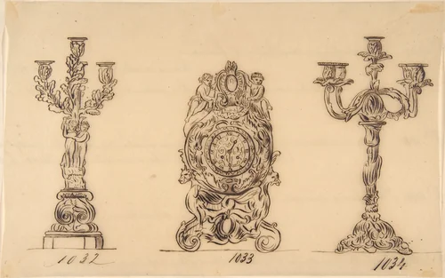 Designs for a Clock and Two Candelabras by anonymous, drawing, 1800-1900