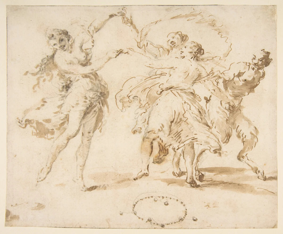 Three Dancing Nymphs and a Satyr by Francesco Zuccarelli, drawing, 1702-1788