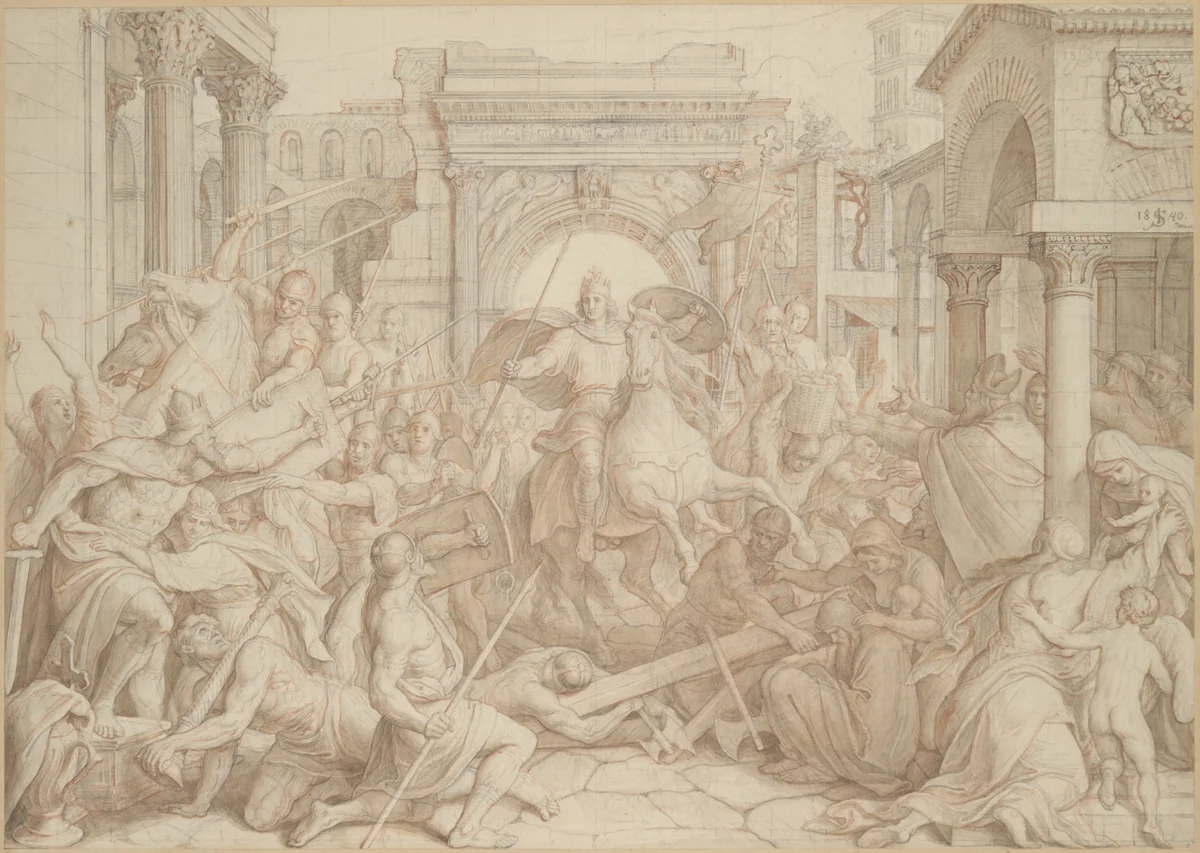 The Entrance of Charlemagne into Pavia by Julius Schnorr von Carolsfeld, drawing, 1840