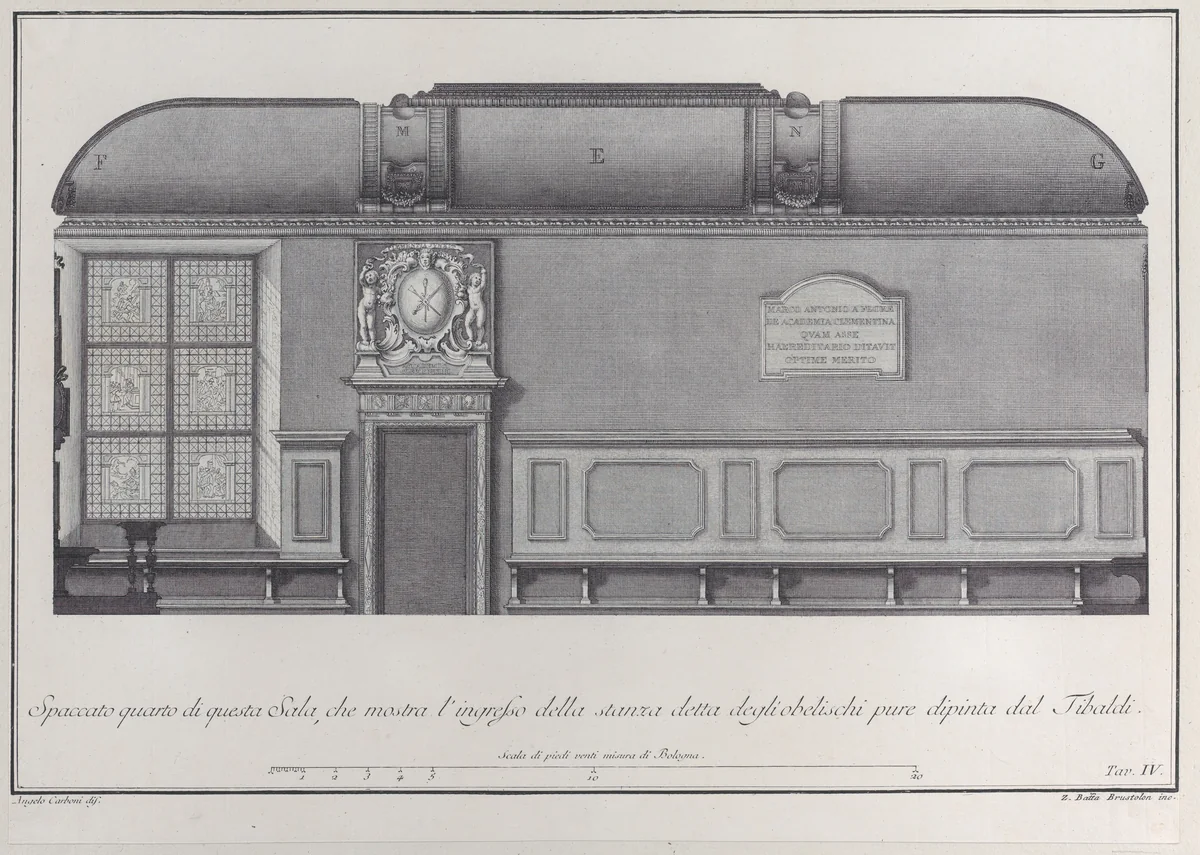 Plate 4: cross-section of the Hall of the Institute of Bologna, with the entrance to the room by Giovanni Battista Brustolon, print, 1756