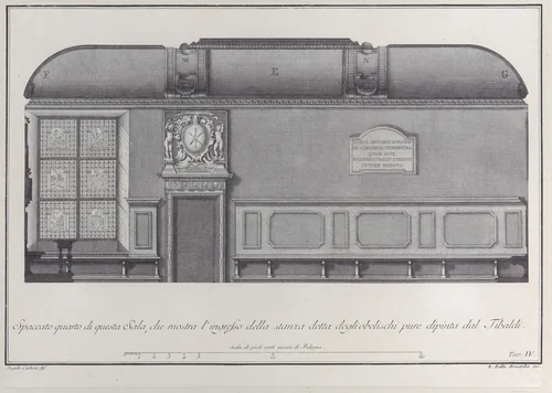 Plate 4: cross-section of the Hall of the Institute of Bologna, with the entrance to the room by Giovanni Battista Brustolon, print, 1756