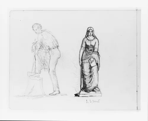 Full-length Sketch of a Male Figure; Study of a Sculpture of a Female Figure (Possibly by L. G. Mead?) (from Sketchbook) by John Quincy Adams Ward, artwork, 1857-1860