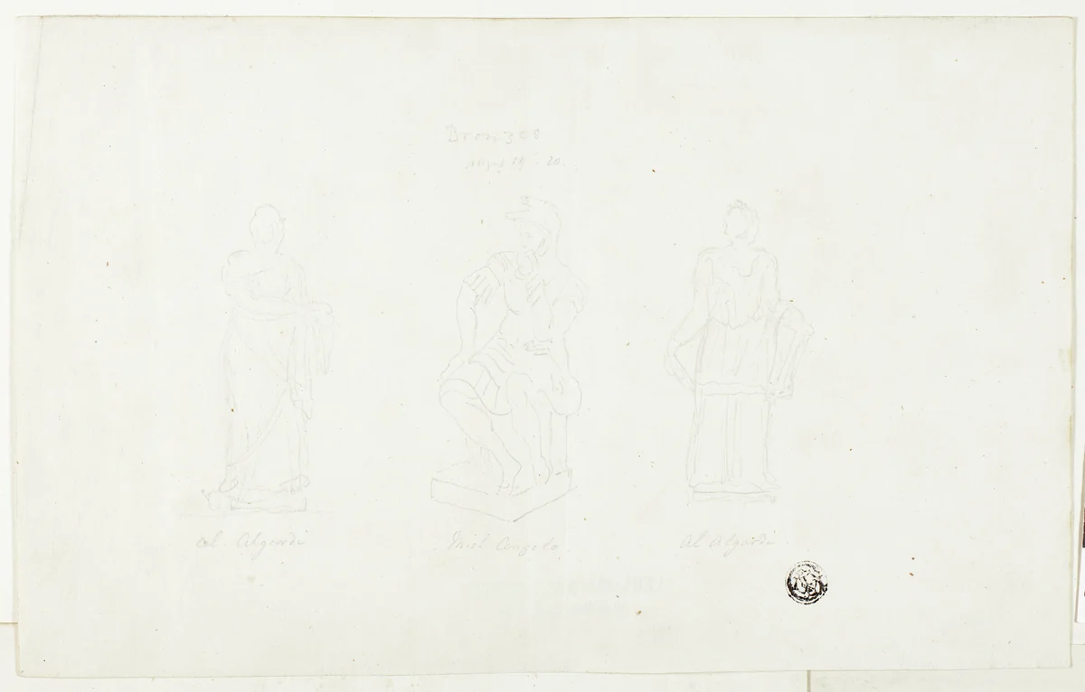 Three Large Statues by Algardi and Michelangelo by Unknown Artist, drawing, 1800-1899