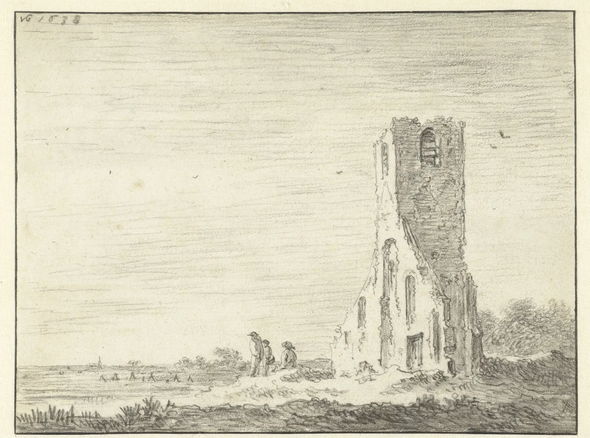 Oude ruïne van een vierkante kerktoren by Jan van Goyen, drawing, 1638