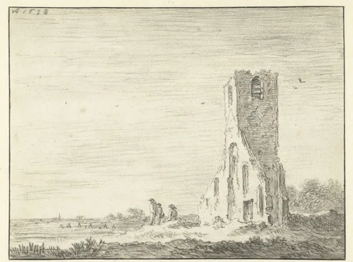 Oude ruïne van een vierkante kerktoren by Jan van Goyen, drawing, 1638
