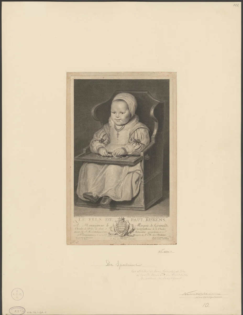 Nicolaas Rubens in de kinderstoel by Manuel Salvador Carmona, print, 1762