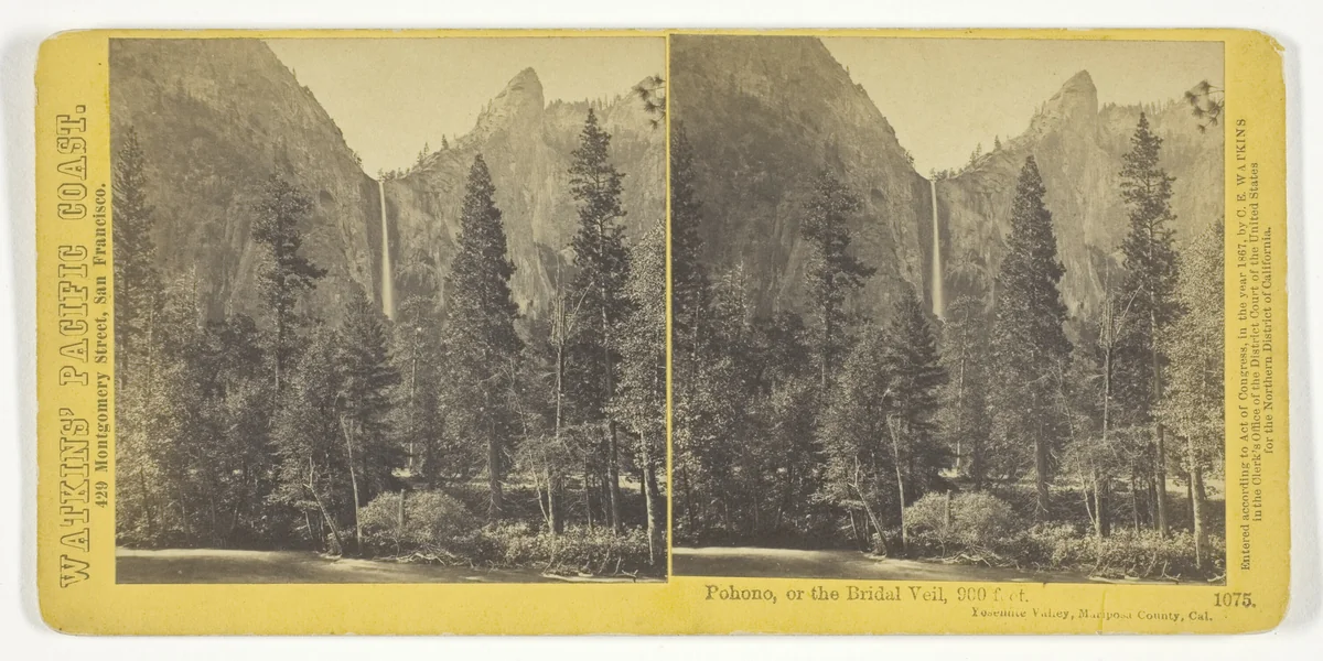 Pohono, or the Bridal Veil, 900 feet, Yosemite Valley, Mariposa County, Cal., No. 1075 from the series "Watkins' Pacific Coast" by Carleton Watkins, photograph, 1867