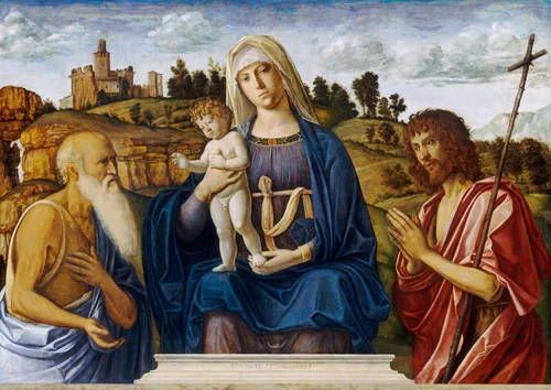Madonna and Child with Saint Jerome and Saint John the Baptist by Cima da Conegliano, painting, 1492-1495