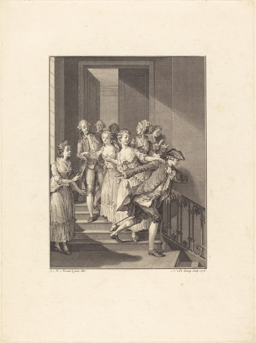Saint-Preux sort de chez des femmes du monde by Nicolas Delaunay; Jean-Michel Moreau the Younger, print, 1776