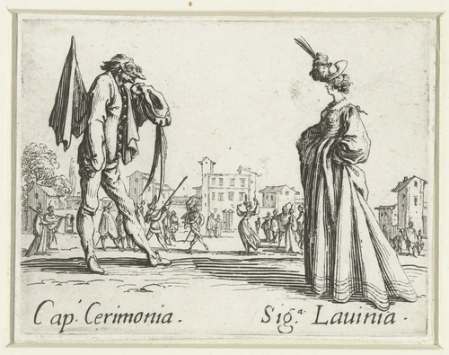 Twee straatartiesten als Capitano Cerimonia en Signora Lavinia by Jacques Callot, print, 1621-1622