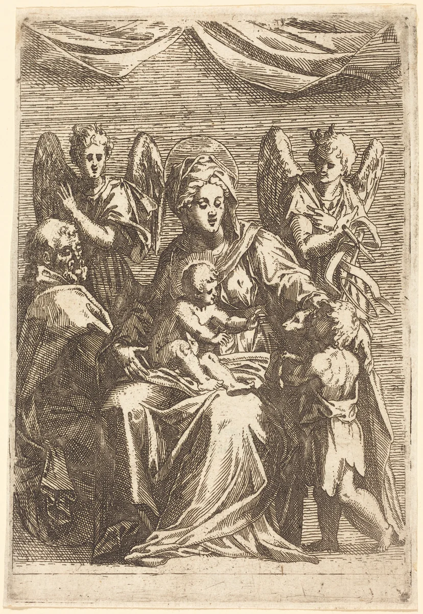 The Holy Family with Two Angels by Jacques Callot, print, 1592-1635