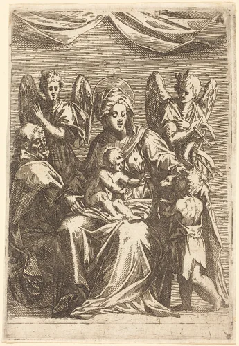 The Holy Family with Two Angels by Jacques Callot, print, 1592-1635