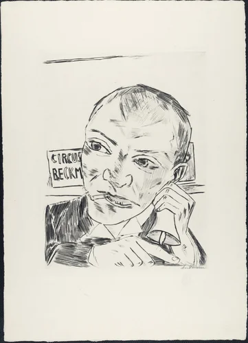 The Barker (Self-Portrait) [Der Ausrufer (Selbstbildnis)] from Annual Fair (Der Jahrmarkt) by Max Beckmann, print, 1921