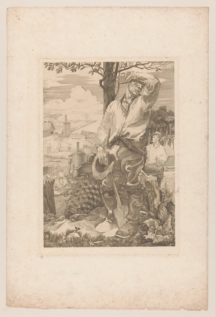 Arbeider die zweet van zijn voorhoofd veegt by Johannes Josephus Aarts, print, 1881-1934
