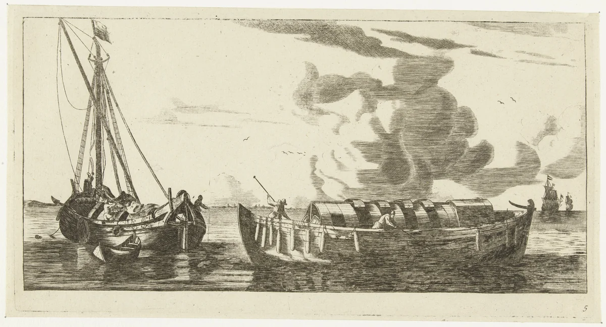 Twee schepen: een Amsterdammer lichter en een Wieringer lichter by anonymous, print, 1730-1760