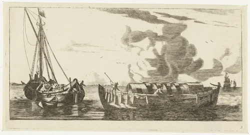 Twee schepen: een Amsterdammer lichter en een Wieringer lichter by anonymous, print, 1730-1760