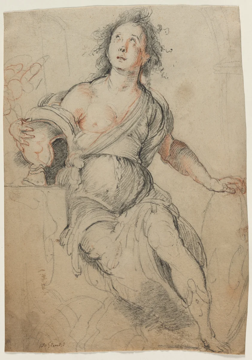 Allegorical Figure by Bernardo Strozzi, drawing, 1630-1640