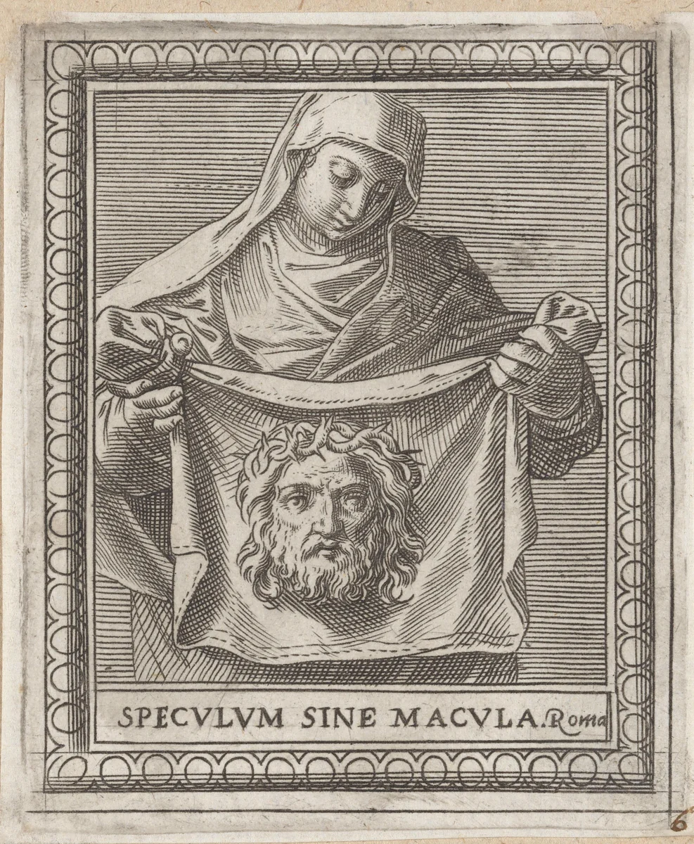 Heilige Veronica met zweetdoek (sudarium) met gelaat van Christus by Agostino Carracci, print, 1581