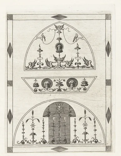 Architectuurfantasie, onderaan staat Amor tussen vier olielampen by anonymous, print, 1530-1540