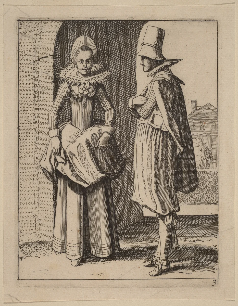 Two Figures in Costume by Jan van de Velde Claes Jansz Visscher, print, 1593-1641