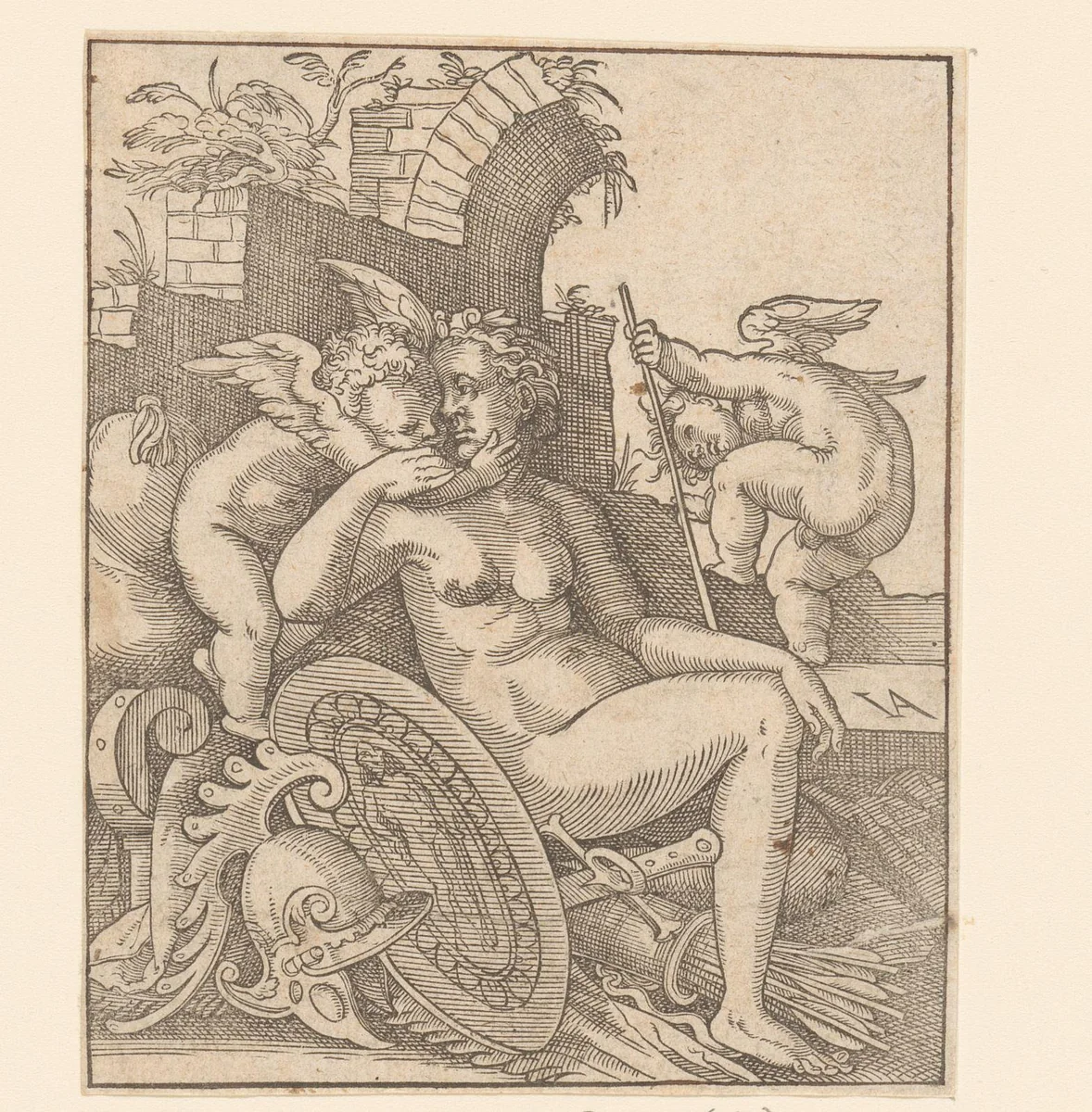 Venus met de wapens de wapens van Mars op de grond by anonymous, print, 1580