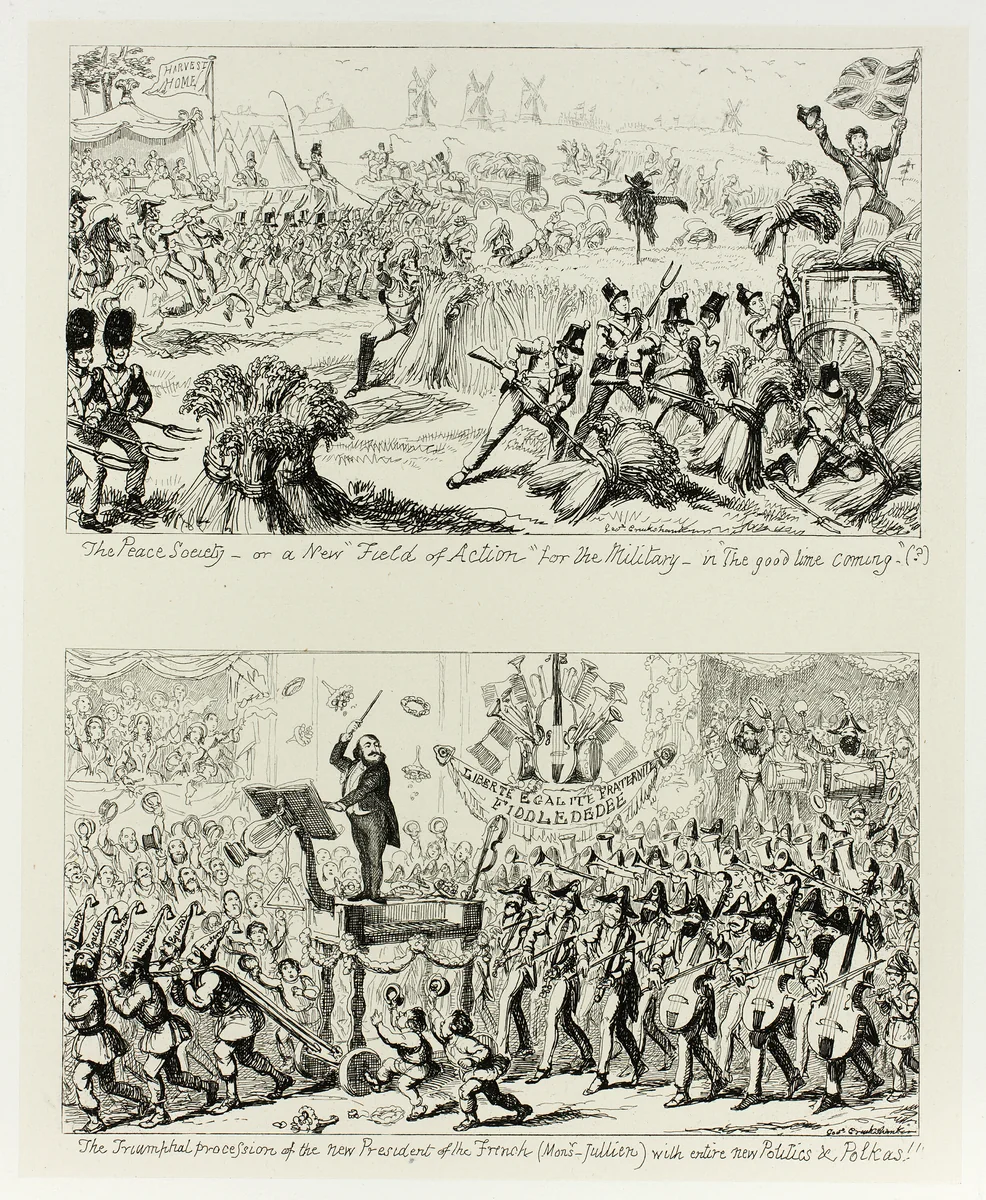 The Peace Society, or a New "Field of Action" for the Military - in "The Good Time Coming" from George Cruikshank's Steel Etchings to The Comic Almanacks: 1835-1853 (top) by George Cruikshank, print, 1852
