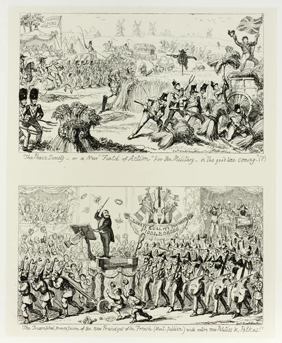 The Peace Society, or a New "Field of Action" for the Military - in "The Good Time Coming" from George Cruikshank's Steel Etchings to The Comic Almanacks: 1835-1853 (top) by George Cruikshank, print, 1852